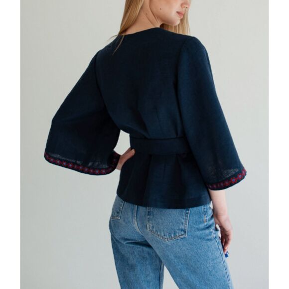 Etno Soul Blue Linen Embroidered Vyshyvanka Wrap Blouse Butterfly Sleeve No Belt - Picture 5 of 12